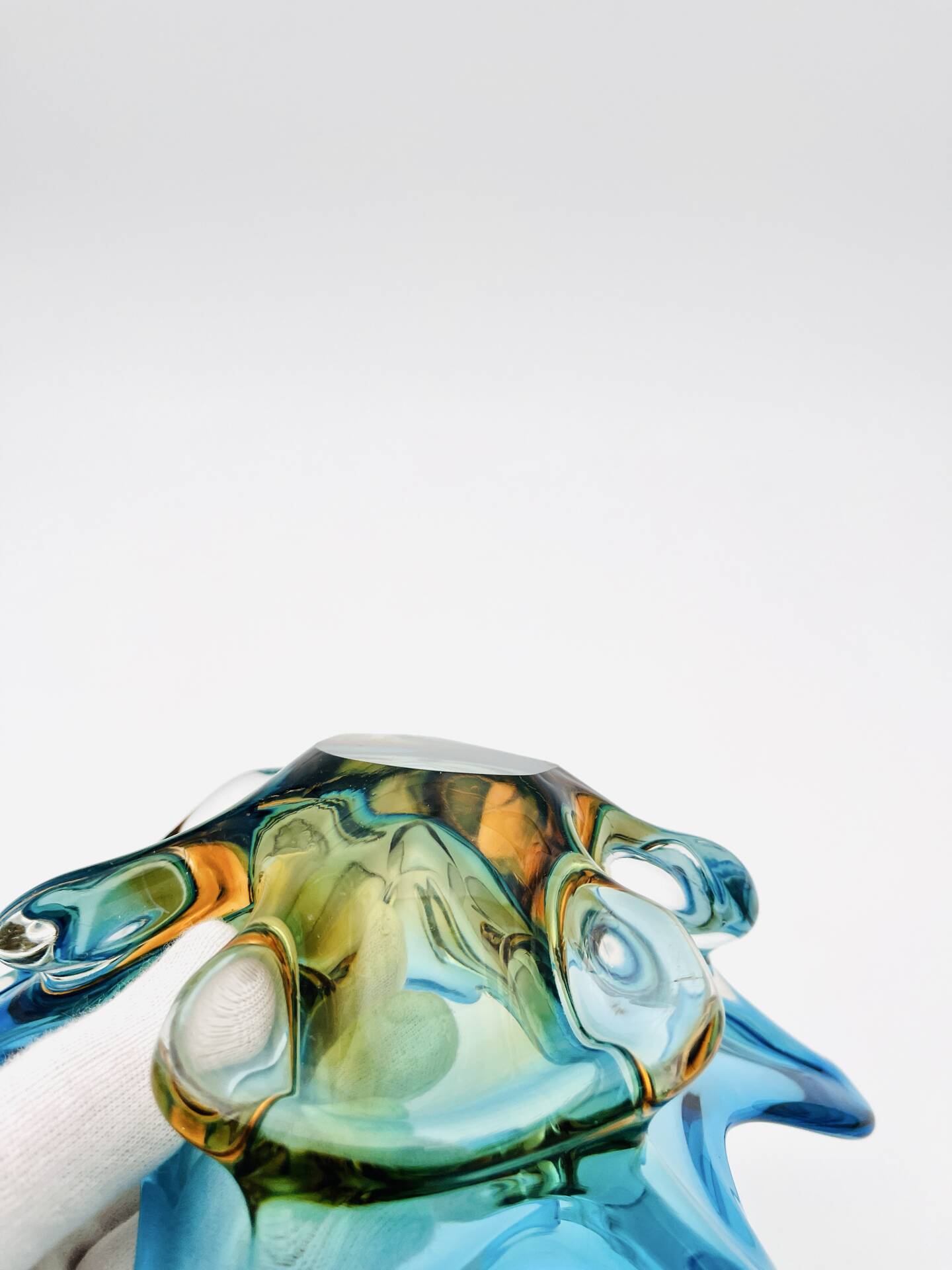Murano Sommerso Blue Amber Sculpture Bowl 23cm