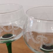 Set of 4 old Alsatian green stemmed wine glasses with vine decor engraved crystal arc