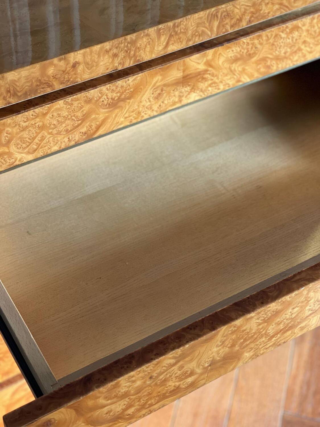 Lacquered elm burl chest of drawers by Jean Claude Mahey, 1970s.