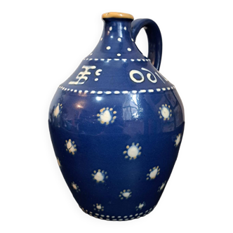 Antique French Alsace pottery wine pitcher. Polka dot blue glaze pottery pitcher. French country blue