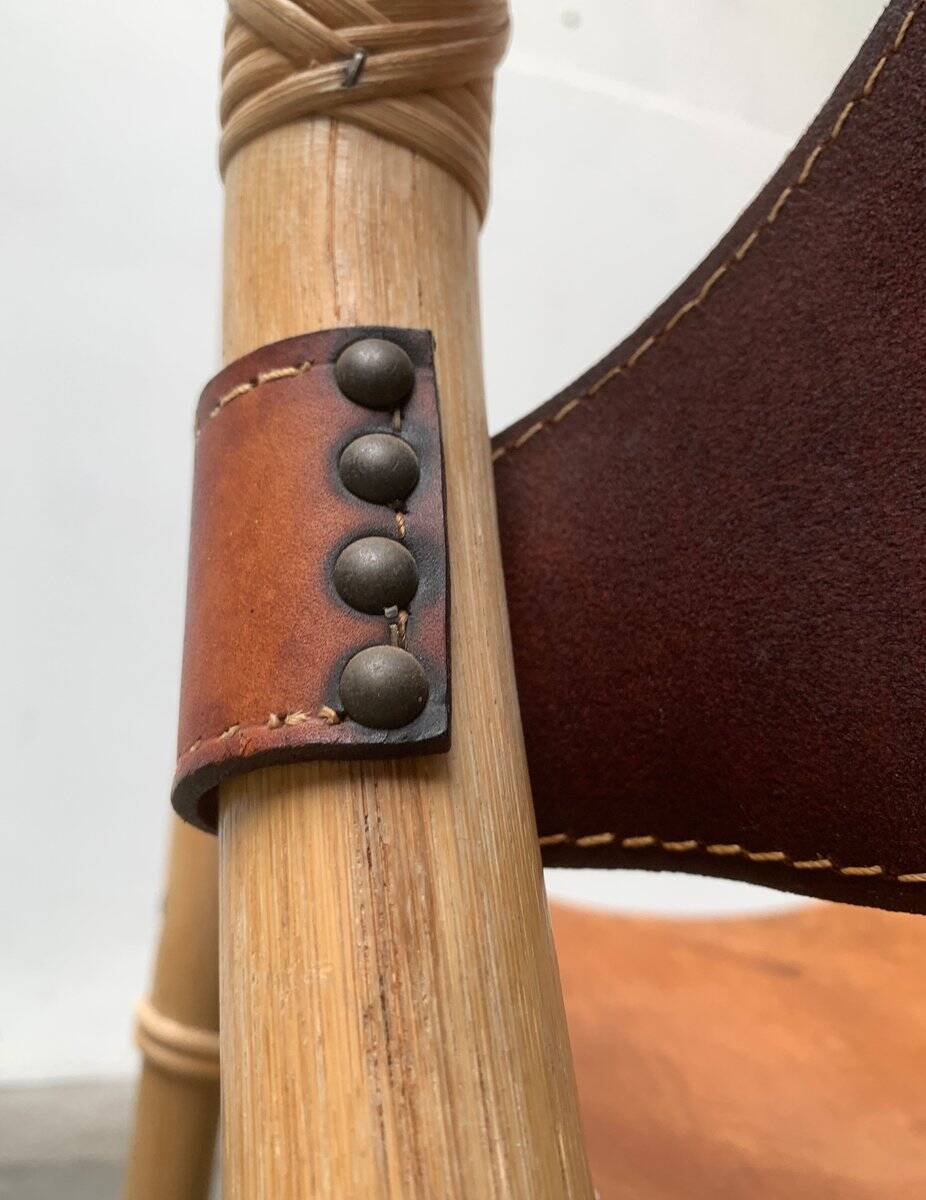 Mid-century safari lounge chair in bamboo and Danish leather, 1960s.