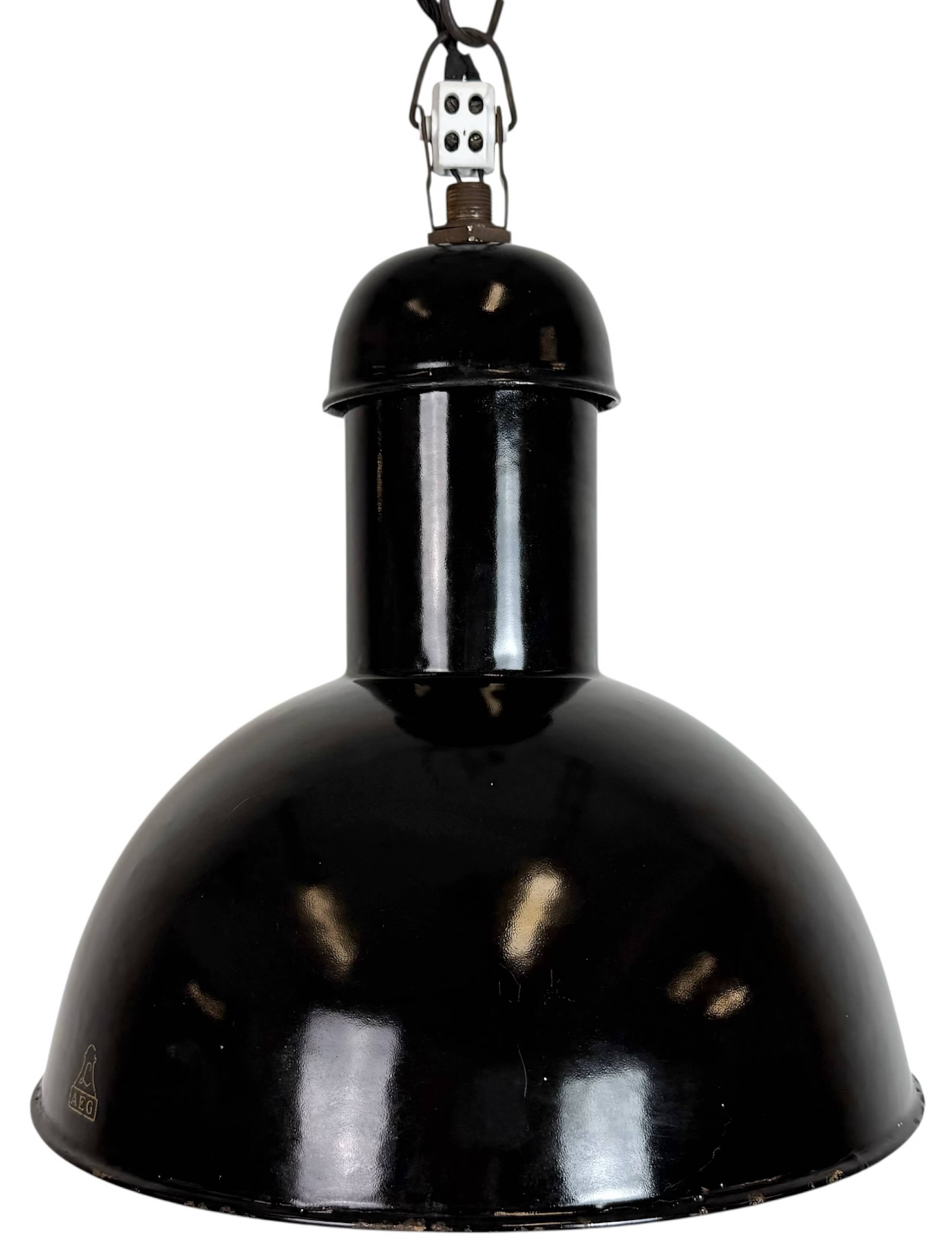 Black Enamel Industrial Pendant Lamp from AEG, 1930s