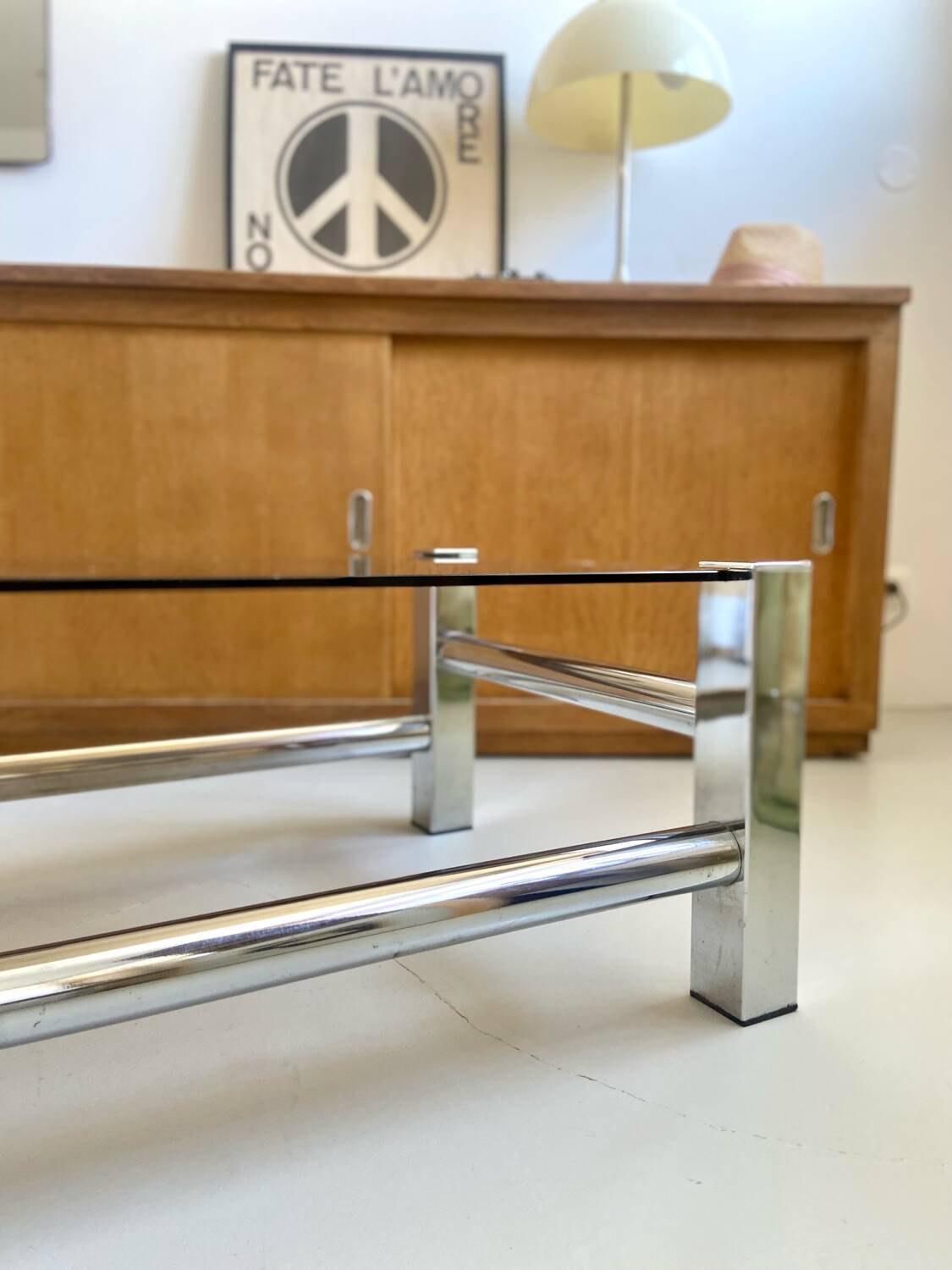 Vintage chrome metal table / smoked glass 1970