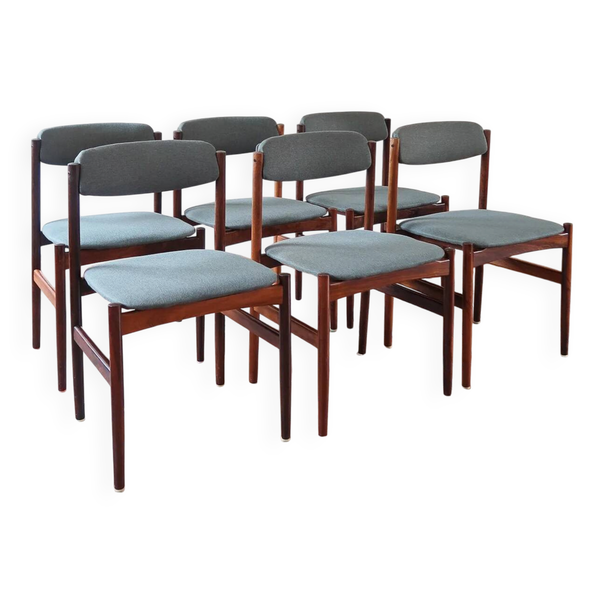 6 Scandinavian chairs in rosewood, with green-grey seats.