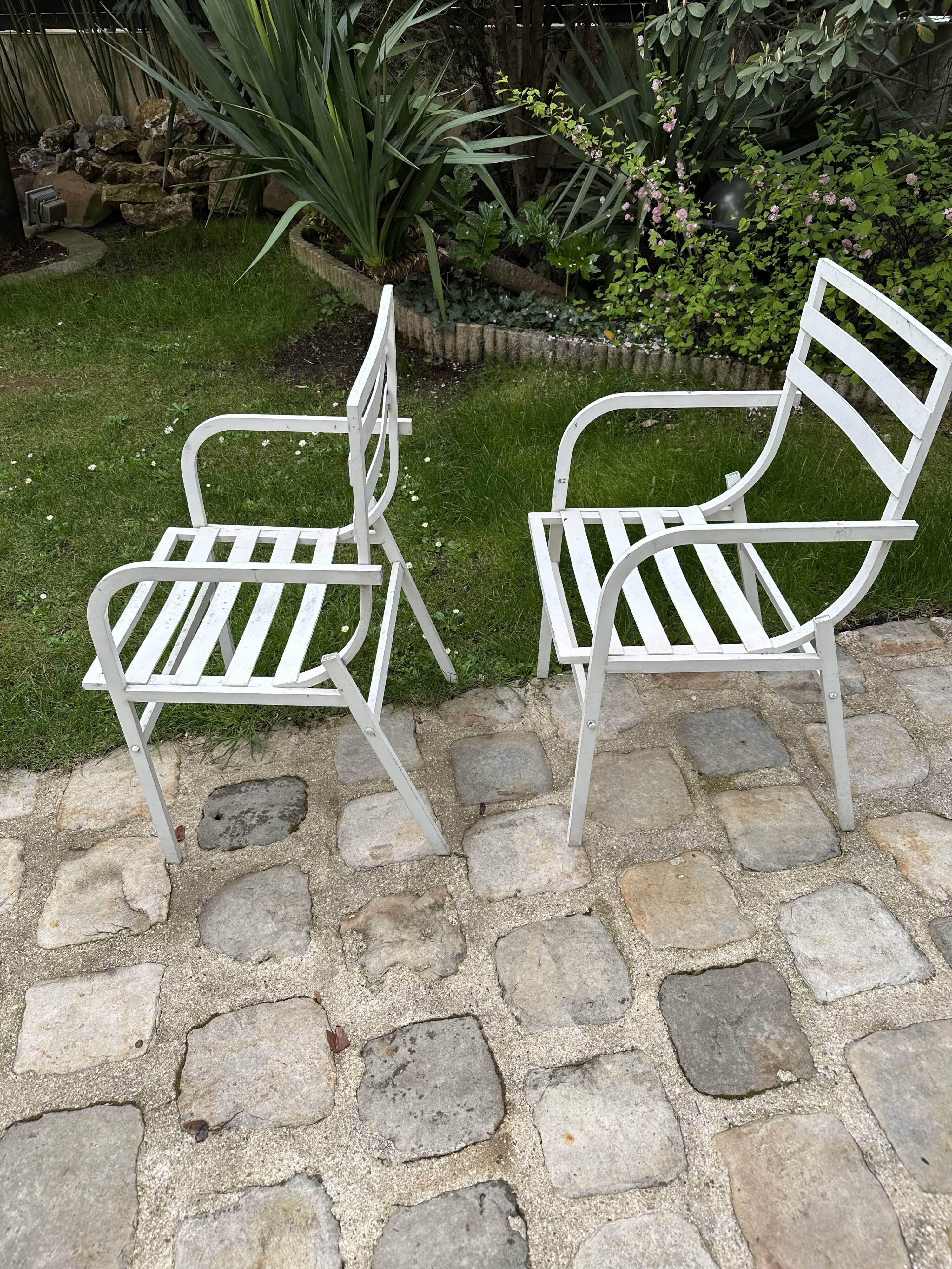 Pair of garden armchairs in white lacquered aluminum - HUGONET