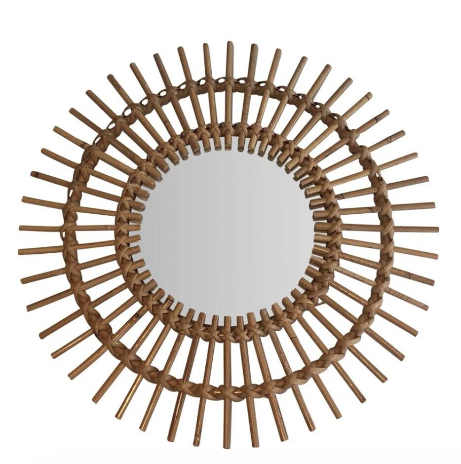 Round sun-shaped rattan wall mirror, vintage 1970