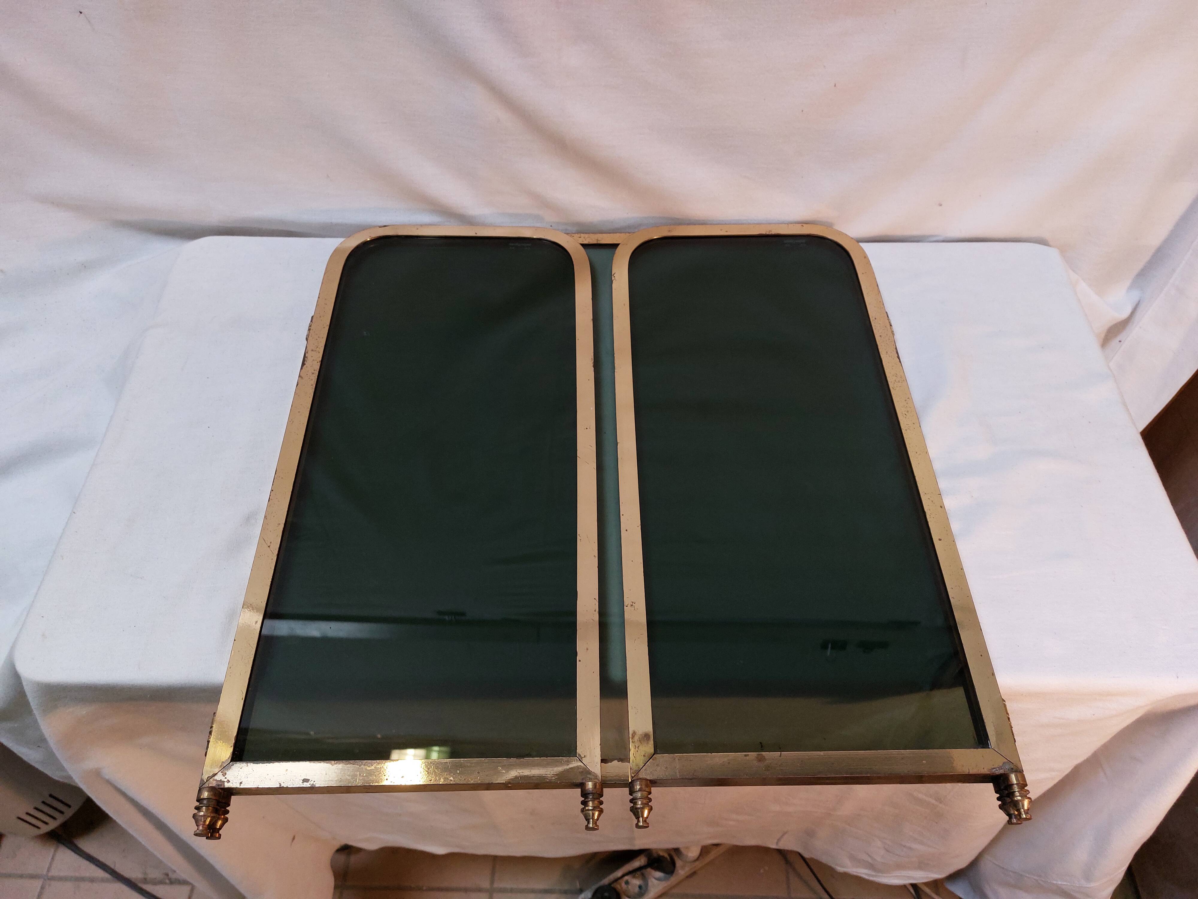 Vintage fireplace screen in smoked glass and gold-tone metal