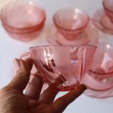 Rosaline moulded pink glass service – 6 cups + 6 saucers + 2 bowls