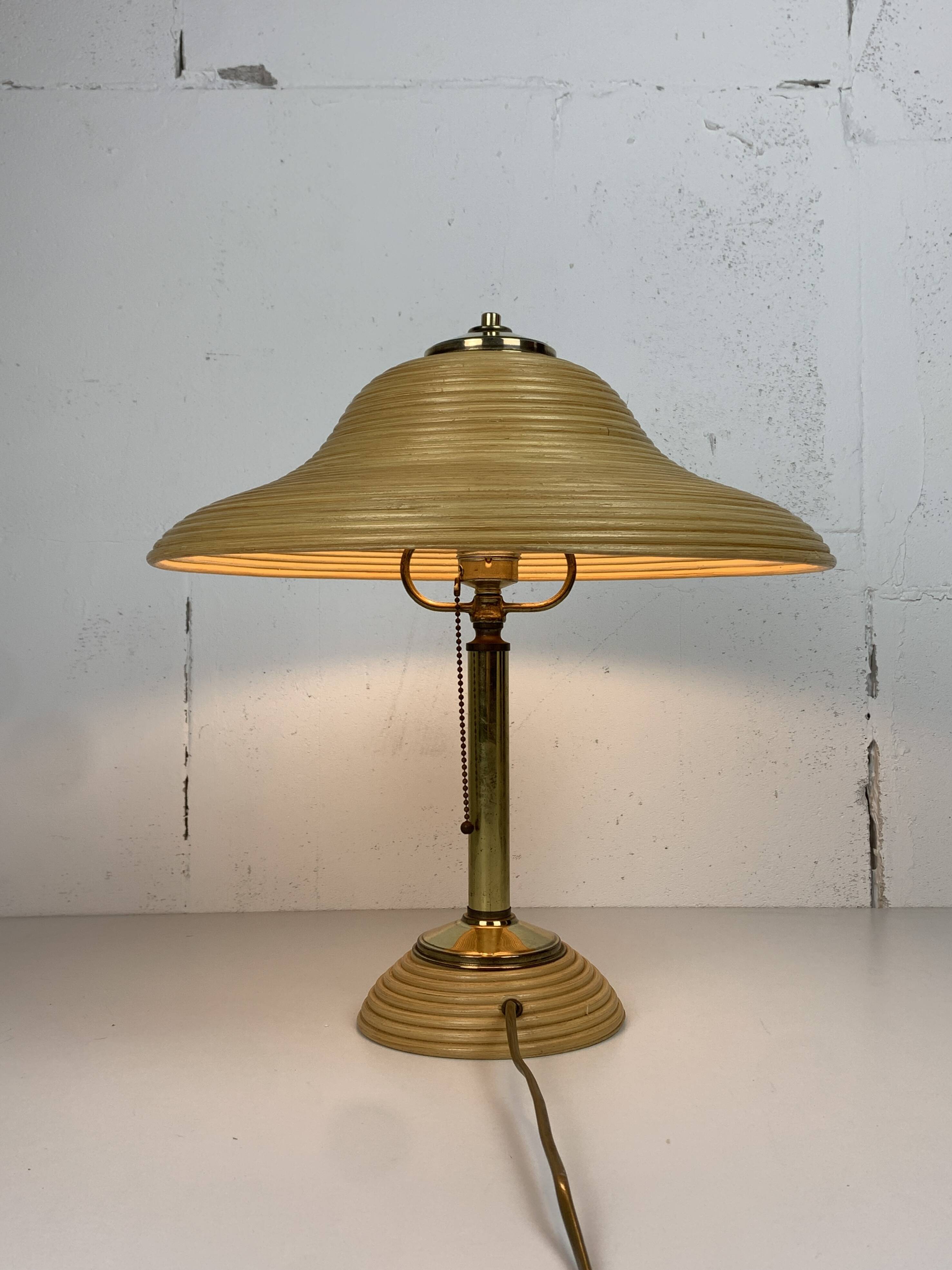 Pencil reed rattan bamboo and brass table lamp, Italy, 1970s