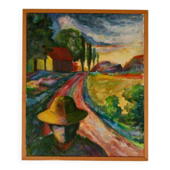 Huile sur toile suédoise du milieu du siècle – « Fermier » par P. Hector