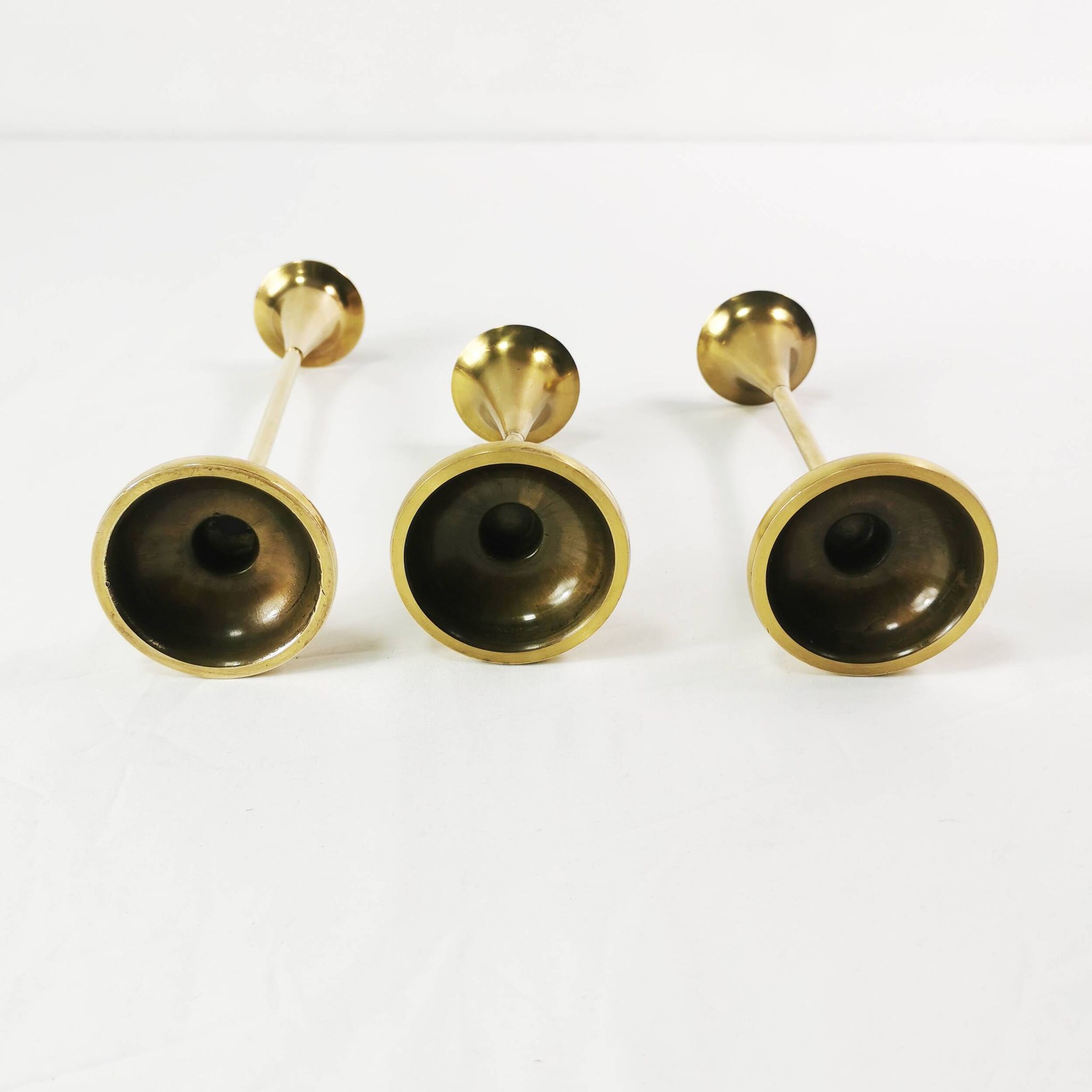 Set of modernist brass candlesticks, Denmark, 1960s.