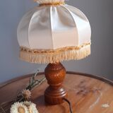 Table lamp foot turned wood, lampshade dome with collar and fringes, 50's years