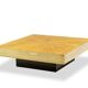 Coffee table in straw marquetry and brass. Contemporary.