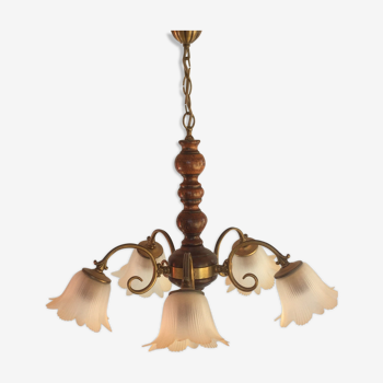 5-branched chandelier brass, wood and glass