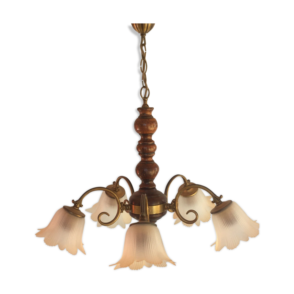 Lustre Vintage 5 Branches – Bois Et Laiton, Style Rétro Industriel