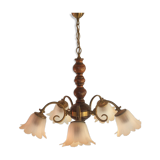 5-branched chandelier brass, wood and glass