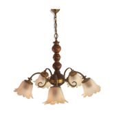 5-branched chandelier brass, wood and glass