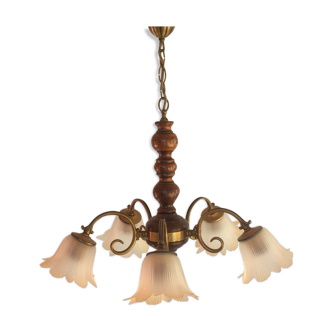 5-branched chandelier brass, wood and glass