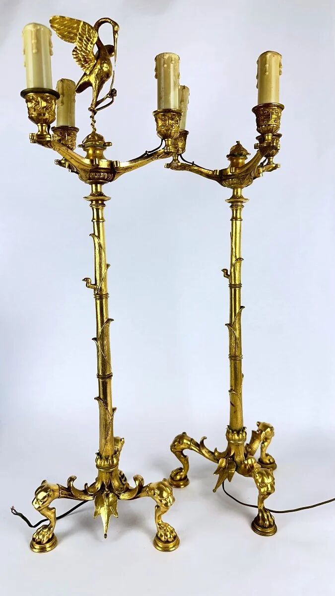 Pair of candelabra with a crane in gilded bronze, bamboo model.