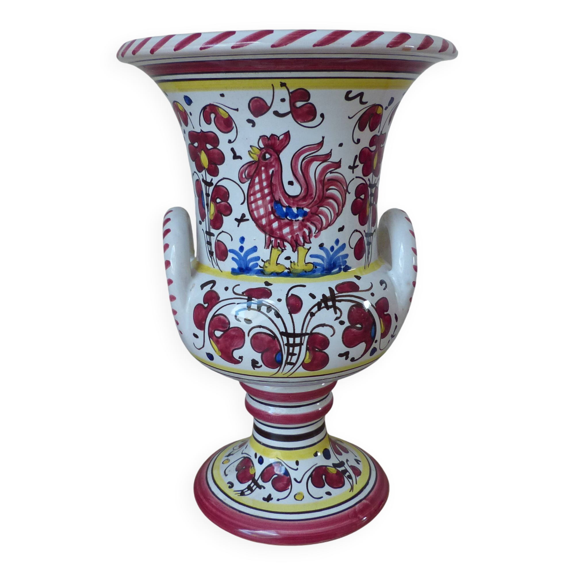 Colorful Ceramic Vase from Italy Deruta l'Antica: Amphora Flowers and Rooster