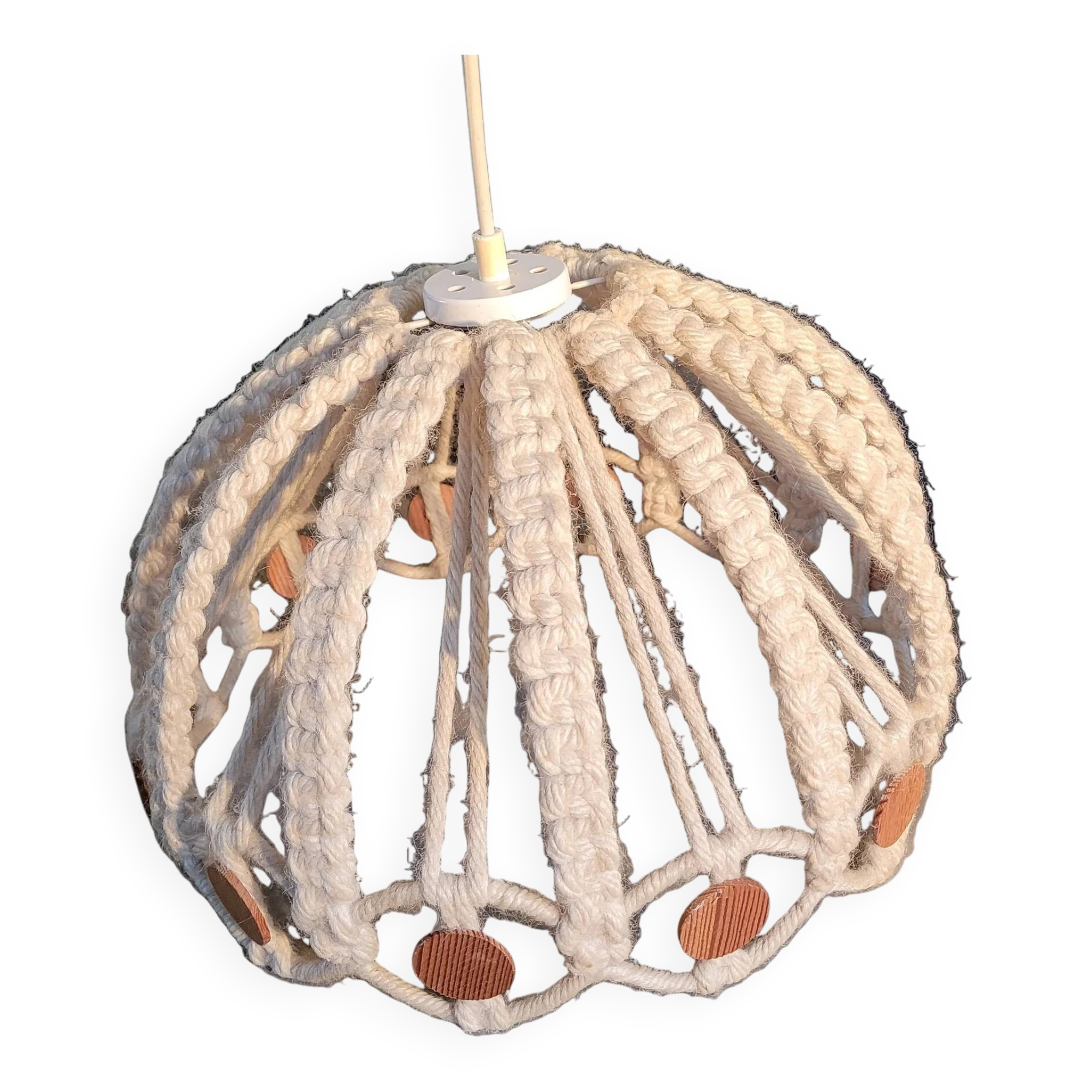 Vintage macramé and wood pendant light