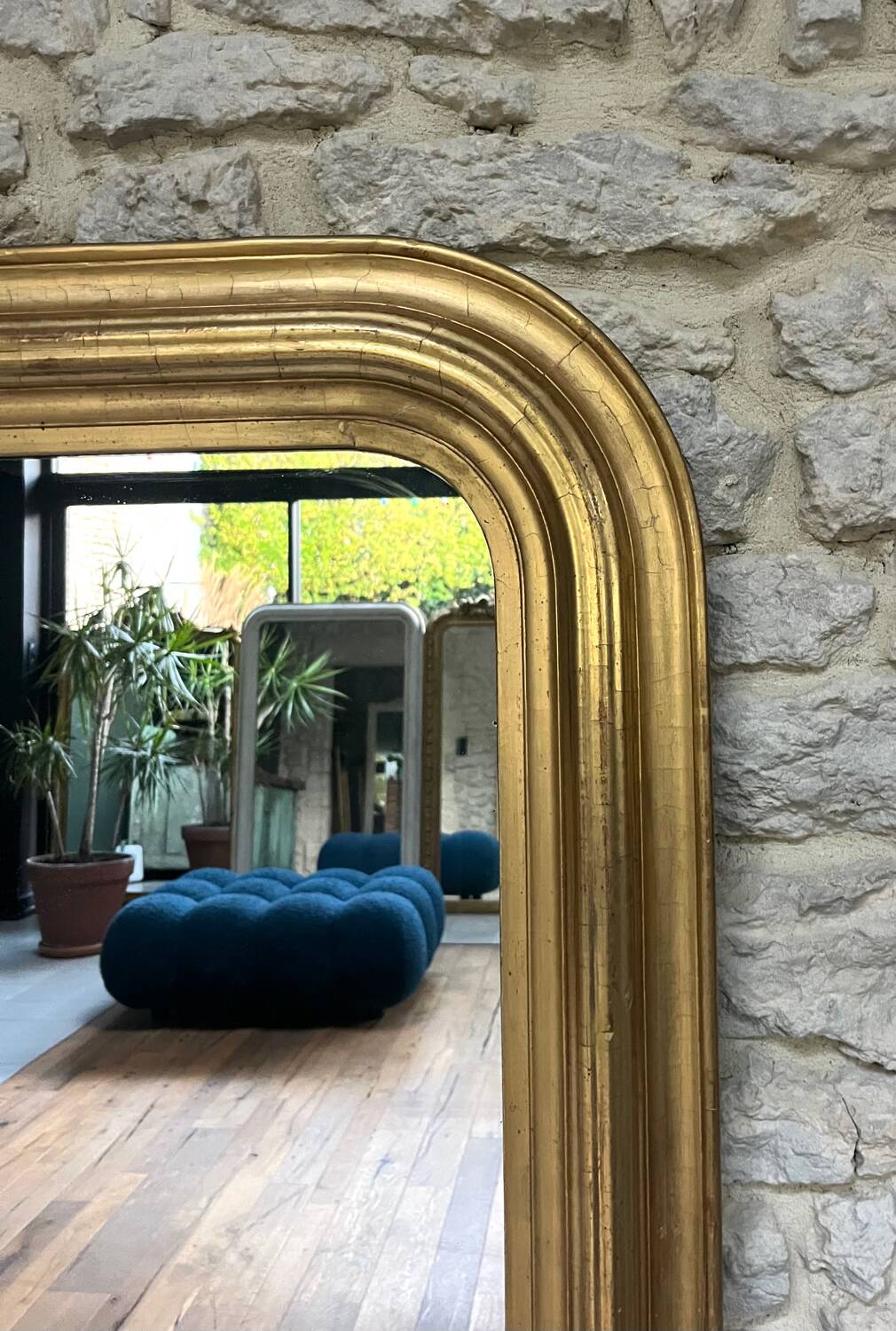 Antique mirror 136.5/98cm Louis-Philippe pearl-gilded with gold leaf.