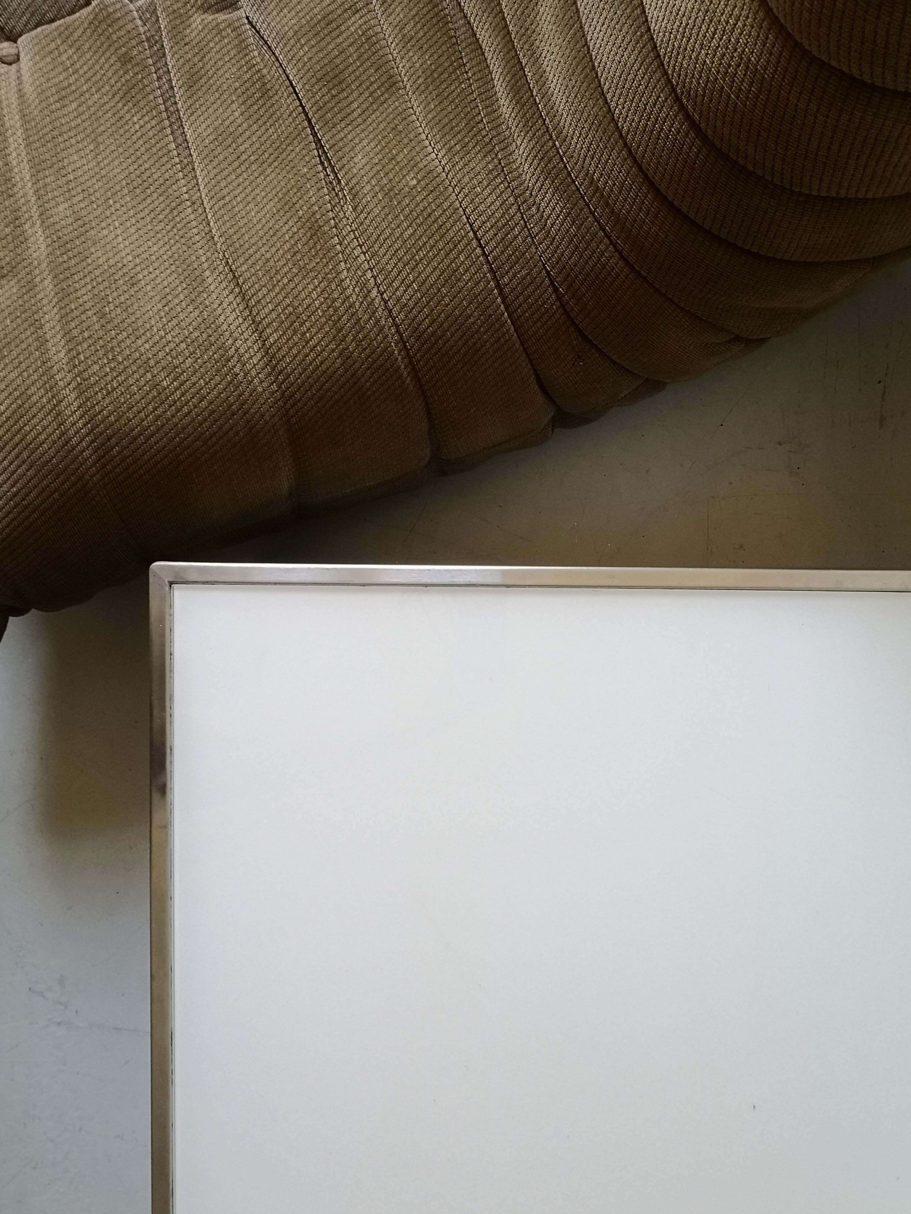 Square block coffee table white glass and metal, cube design 1970