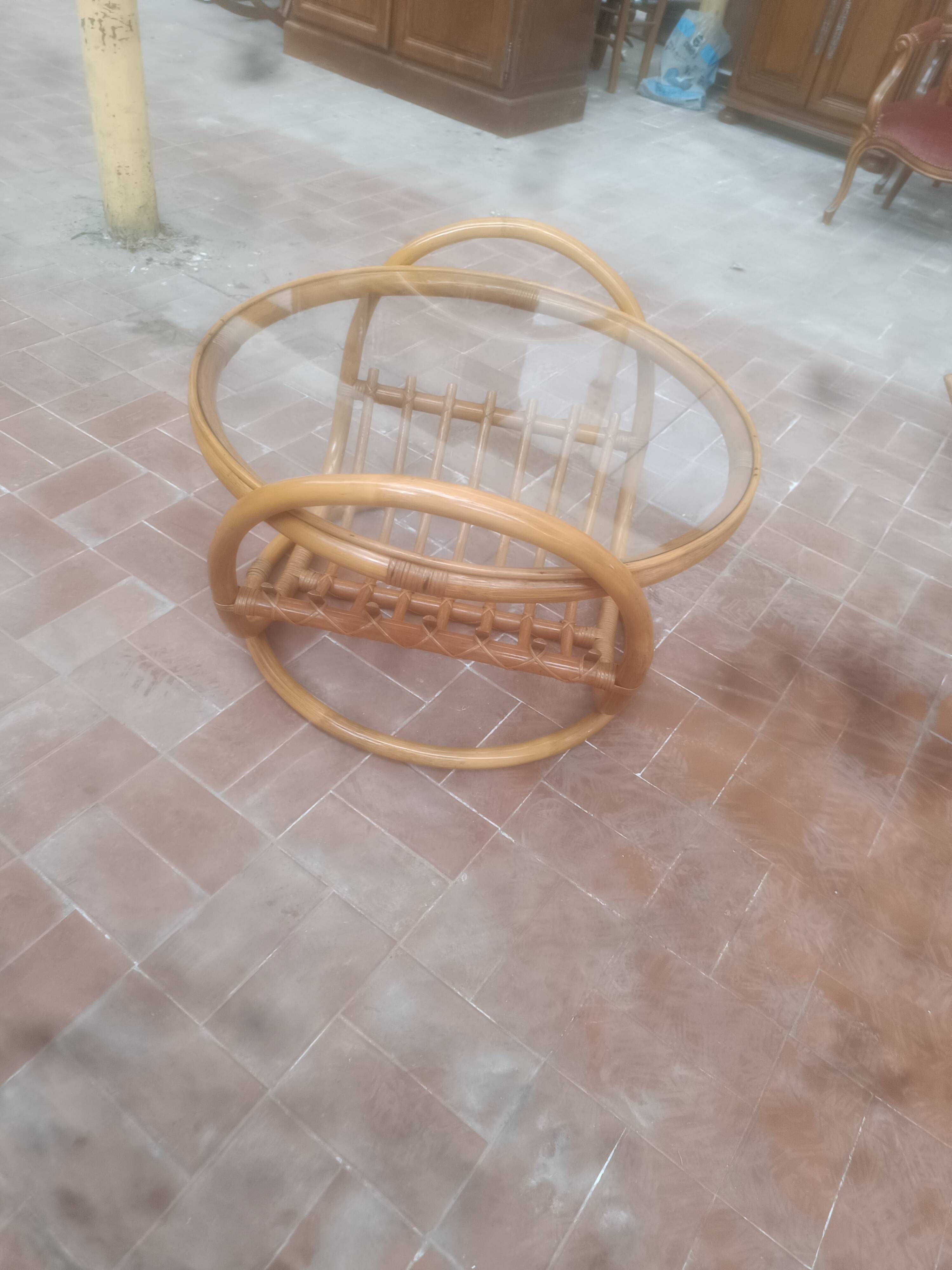 Round bamboo and glass table