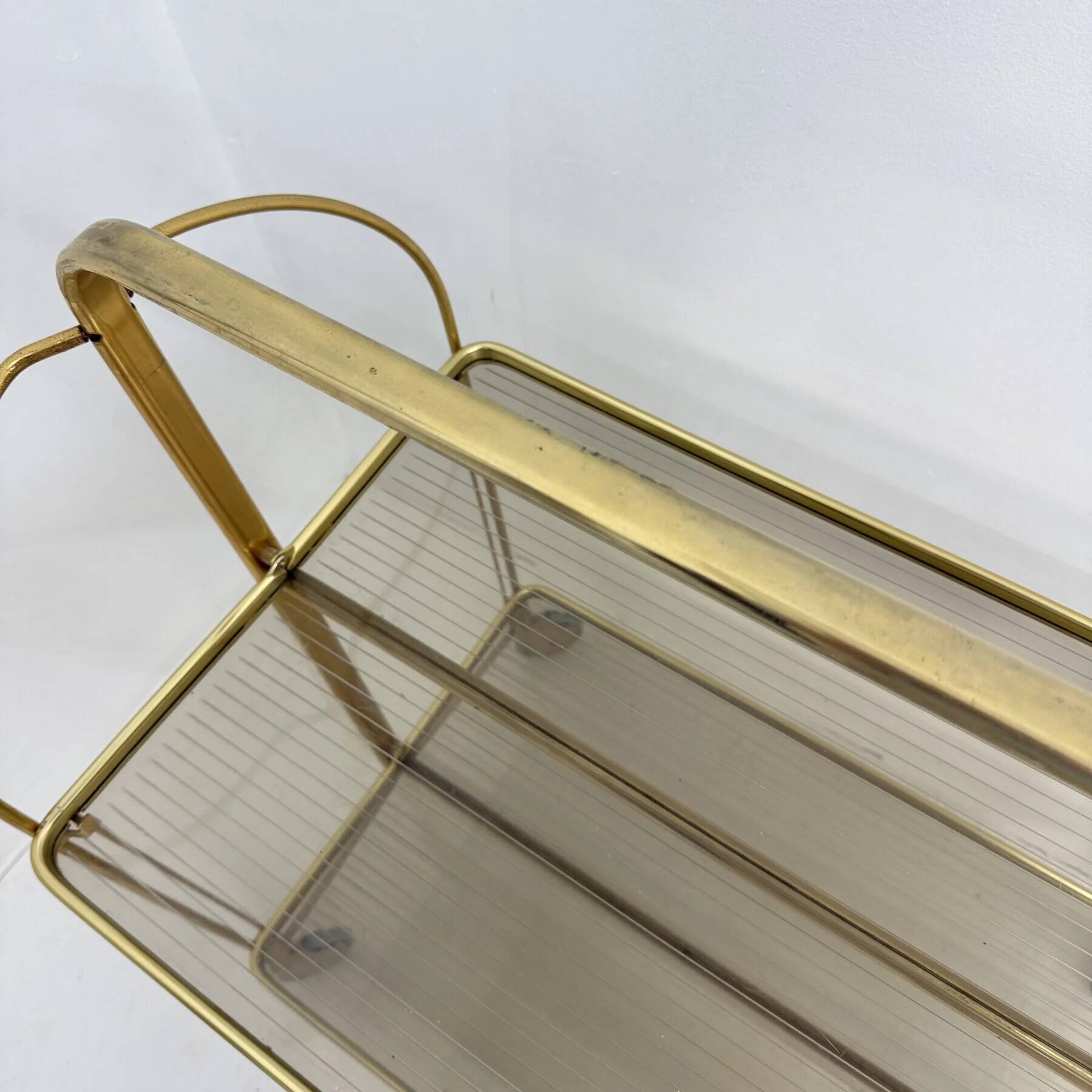 Mid-century modern folding bar cart in brass and ribbed acrylic glass, 1970s