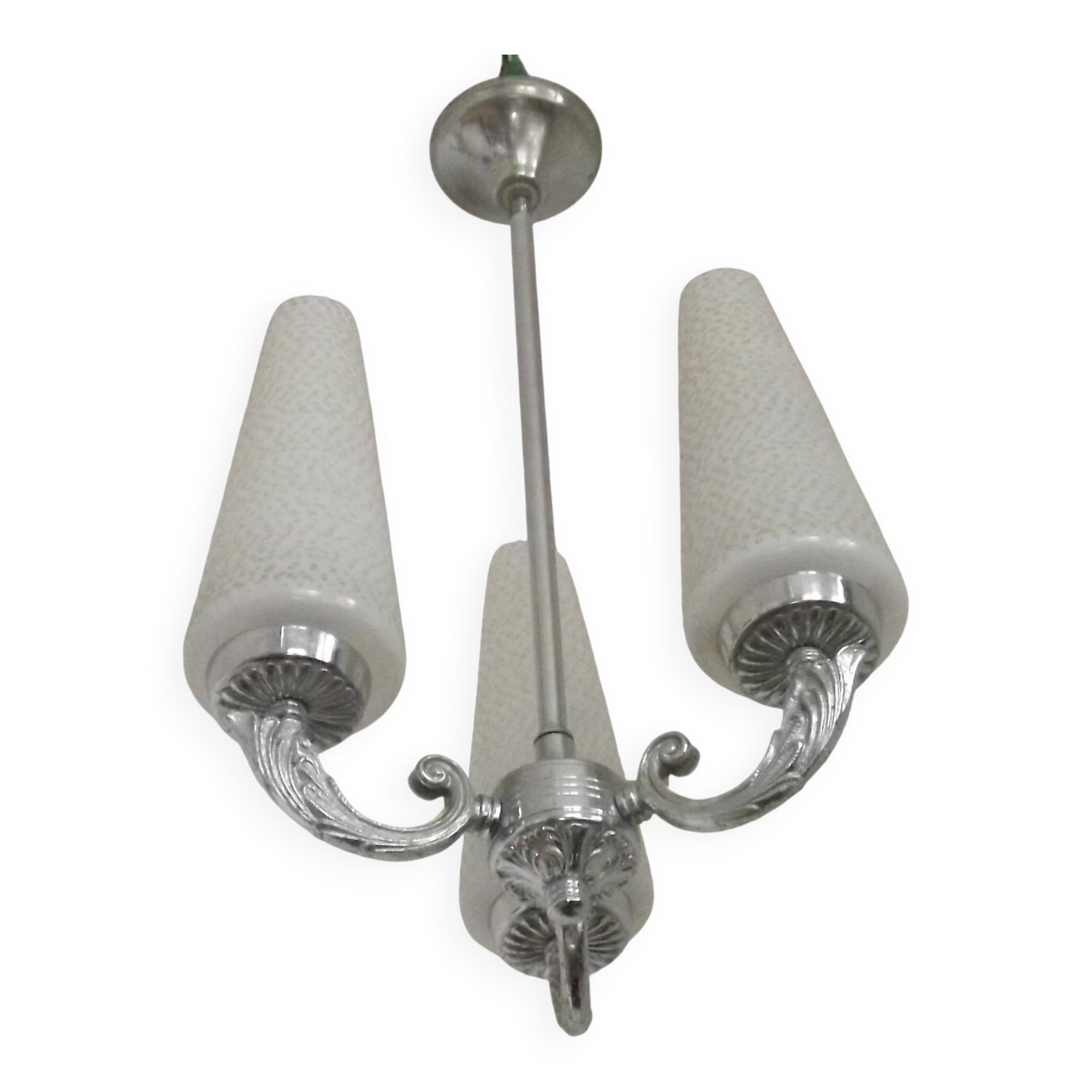 French Mid-Century 3-Light Silver Metal Chandelier with Glass Cone Shades