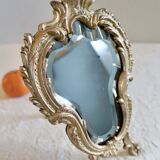 Small vintage 19th century mirror or hand mirror, bronze, beveled glass, baroque, rococo style.