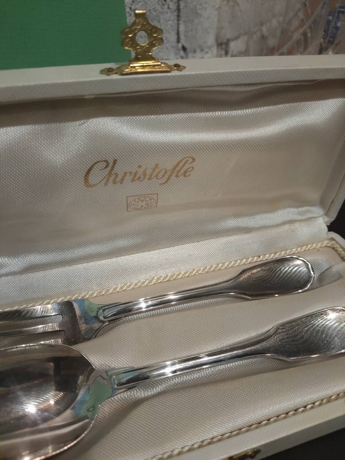 Christofle box – Child's spoon & fork – Silver-plated metal