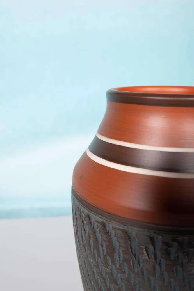 Vintage handmade ceramic vase, terracotta and oil.