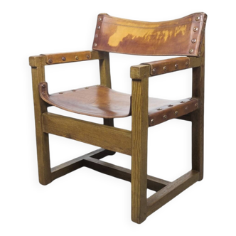 Chaise en cuir brutaliste espagnole de Biosca, années 1950