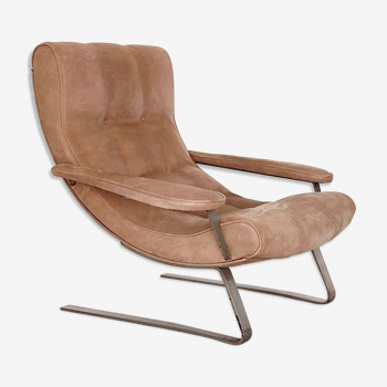 Italian midcentury lounge chair in suede by guido bonzani for tecnosalotto 1970s