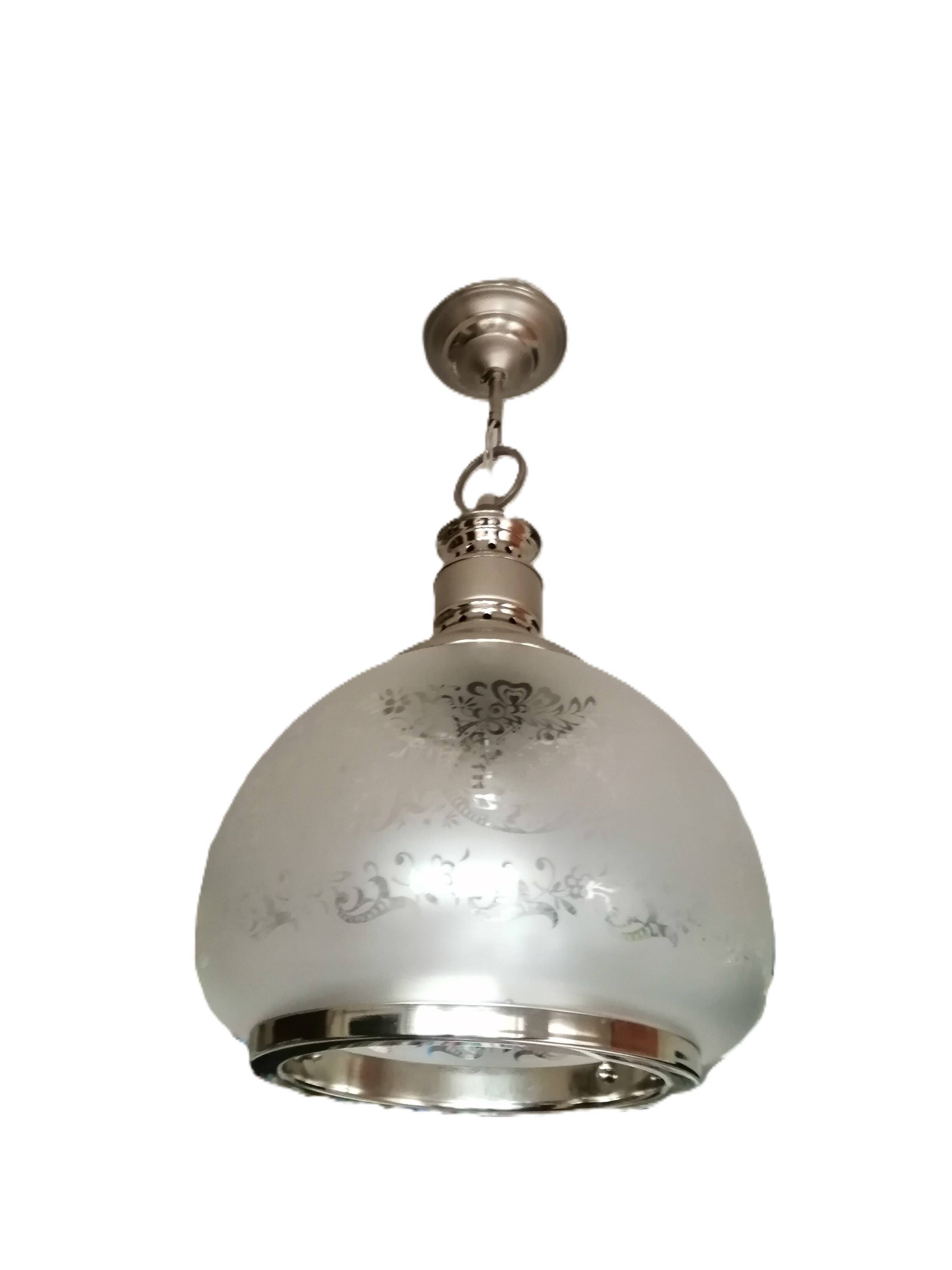 Large engraved glass globe pendant mounted on chrome steel, Art Deco.