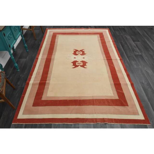 1970s Vintage Turkish Handmade Wool & Cotton Orange Area Rug 203x315
