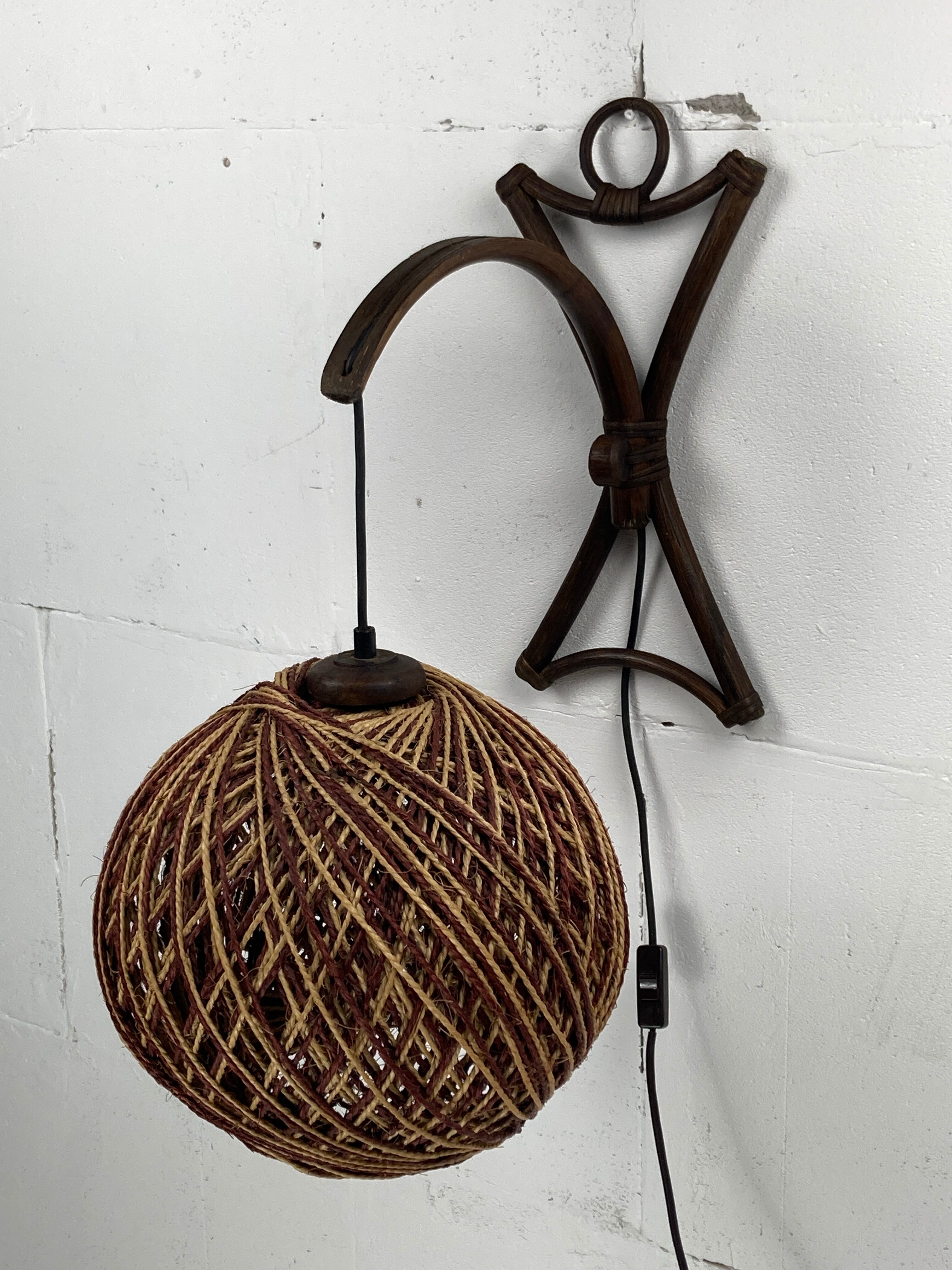 Rattan bamboo and rope sisal wall lamp, Dutch 1960s