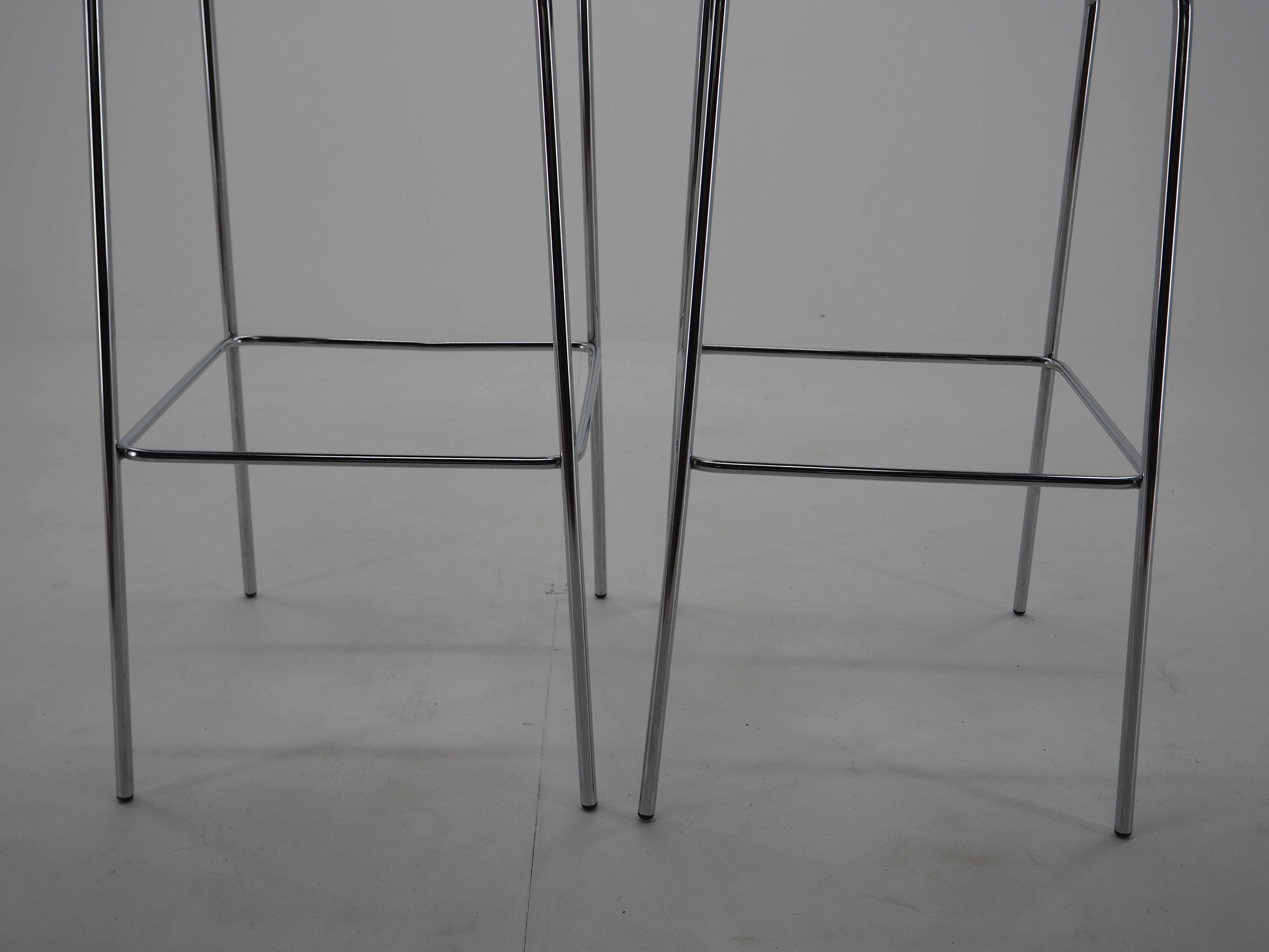 Midcentury chrome and wood bar stools by Ton, Czechoslovakia, 1980s