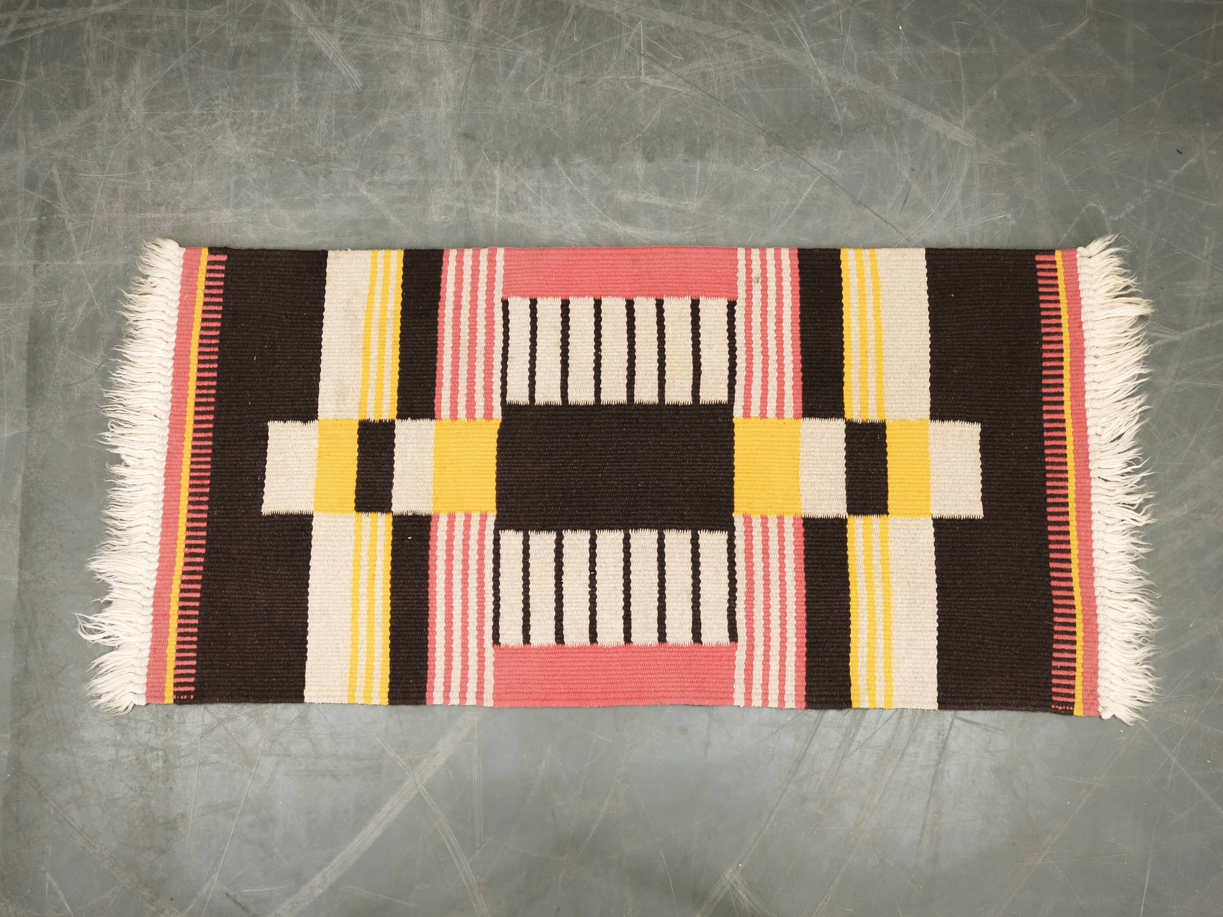 1950s Czech Geometric Wool Kilim Rug in Pink Black and Yellow