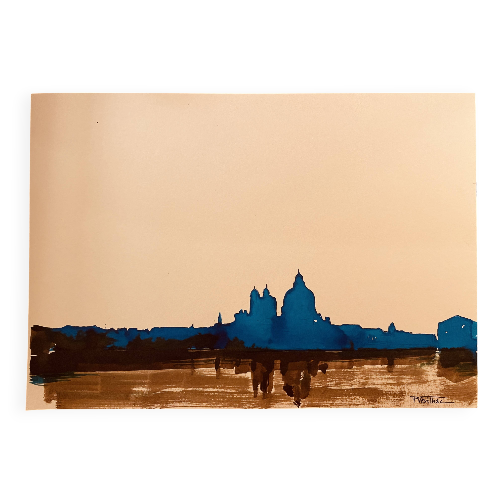 Signed watercolour painting in two colours "Twilight over Venice"