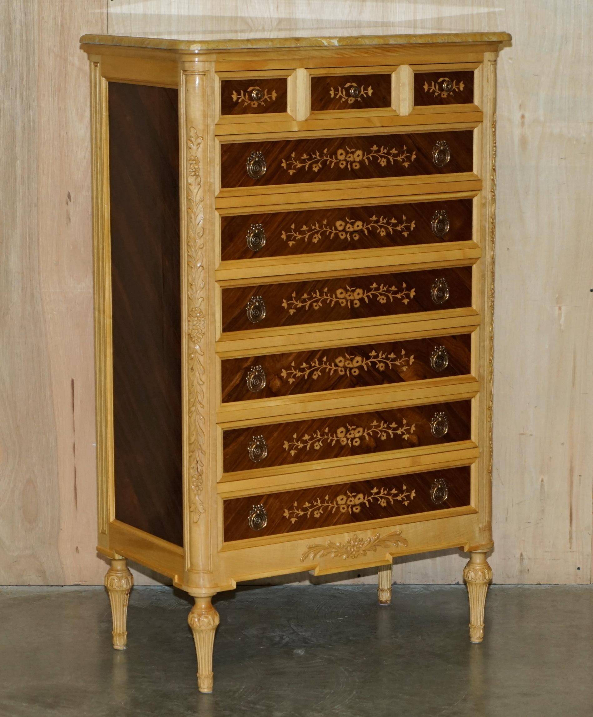 Pair of tall hardwood chests of drawers, walnut and marble.