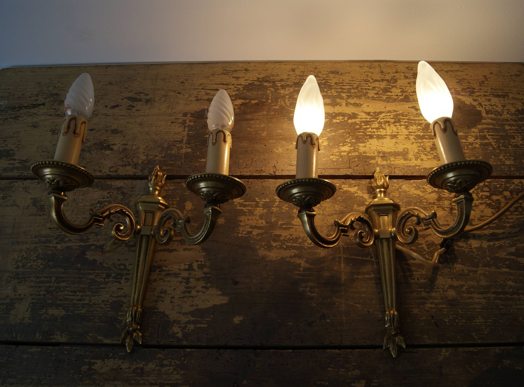 Sconces midcentury, pair of French wall sconces brass bronze