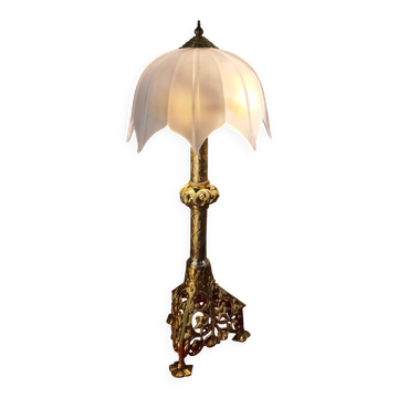 grande lampe bronze 74x33  6kg 1850a1900 verre epais opaque parapluie , ele