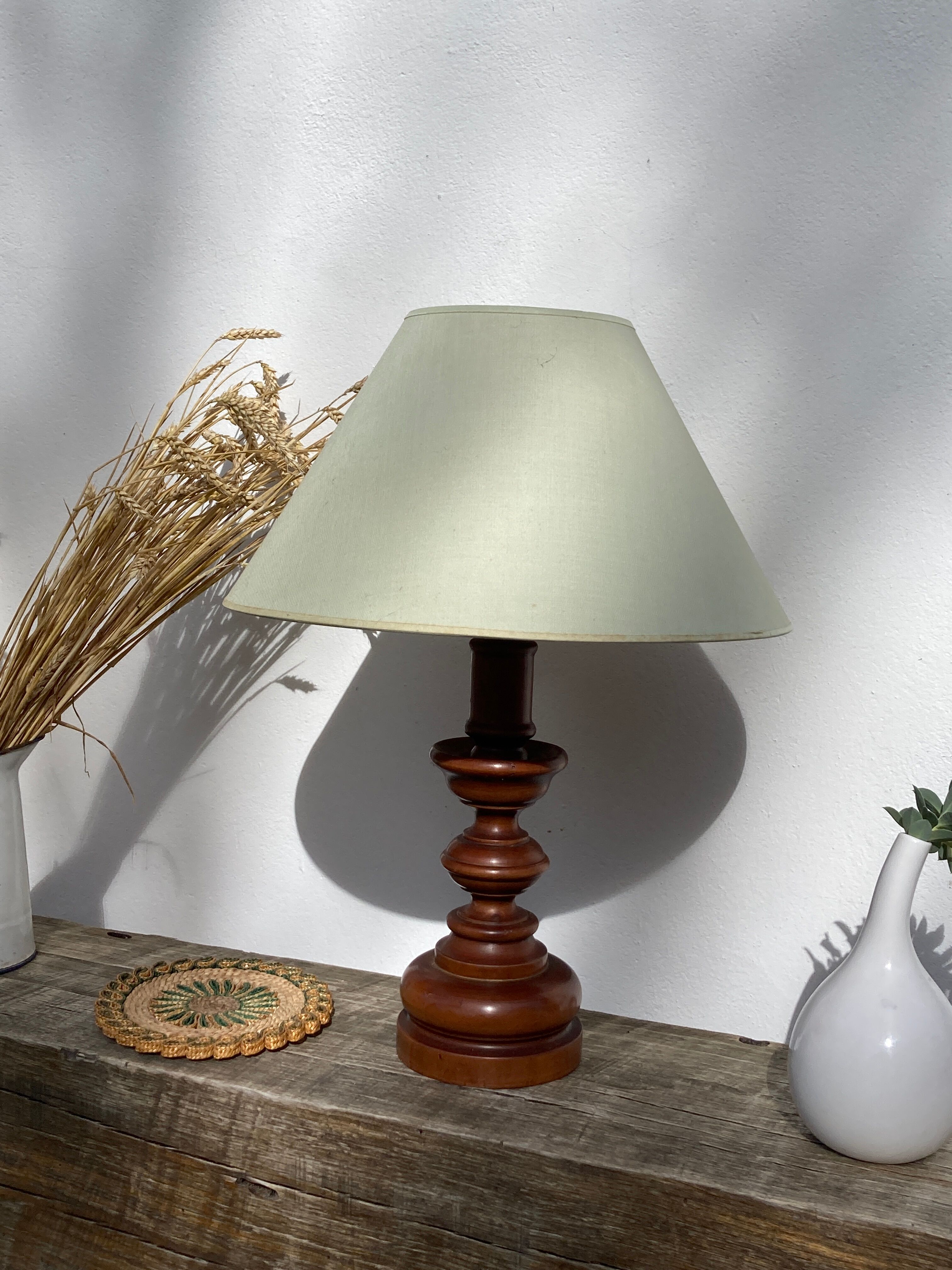 Turned wooden lamp old bluish gray lampshade