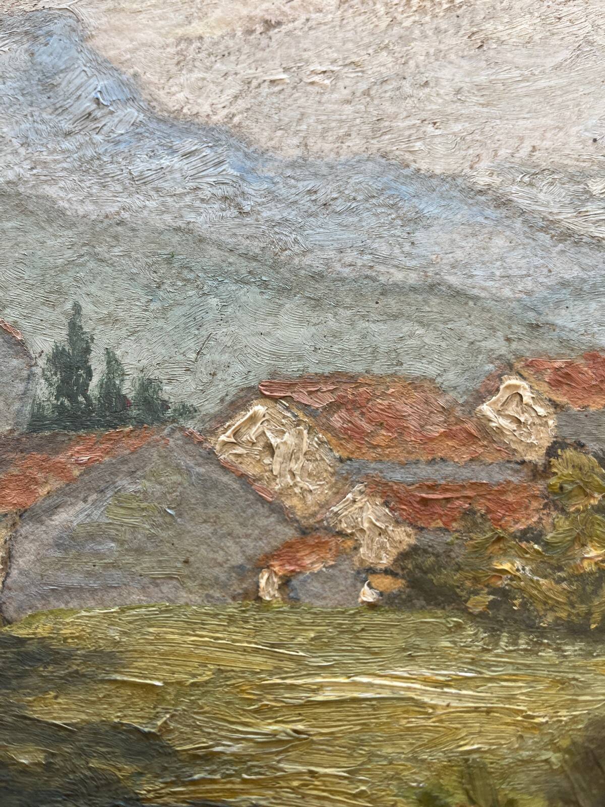 Tableau HSP "Village view with bell tower" signed + frame