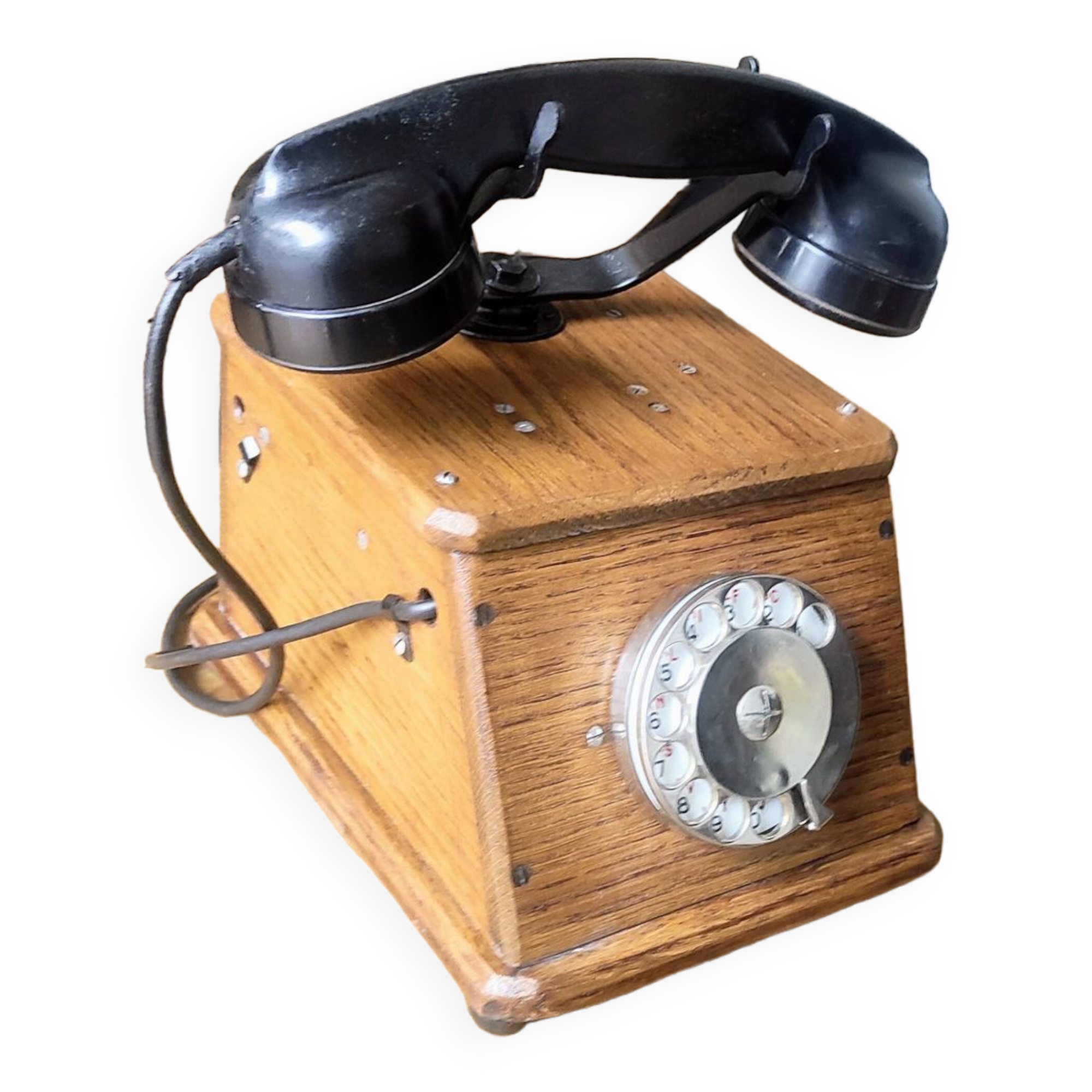 Old wooden dial crank telephone