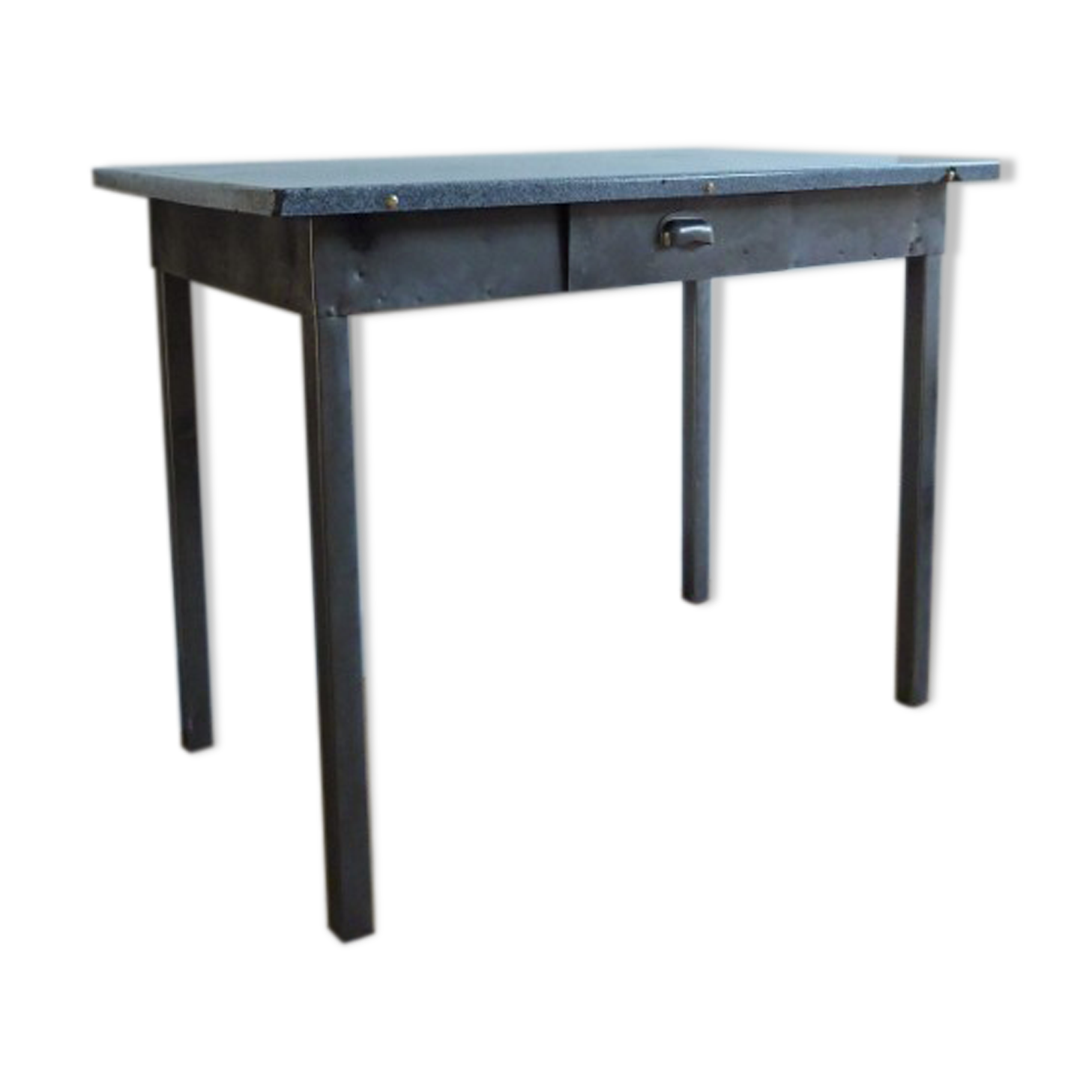 Metal kitchen table with gray speckled enameled top from the 1940s