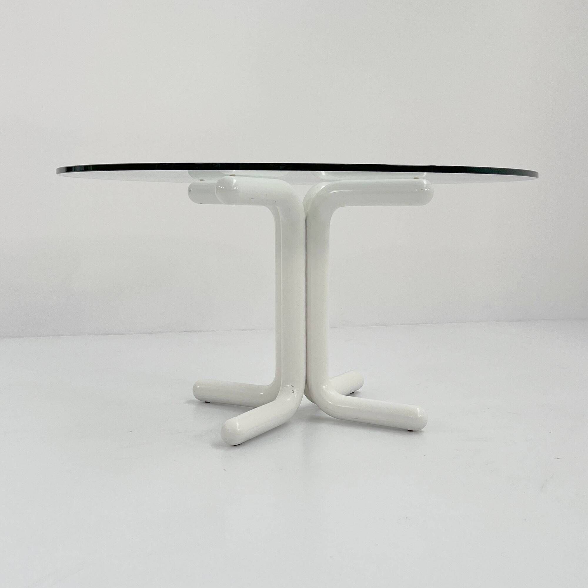 135 cm dining table with thick rounded white wooden legs and glass top, 1980