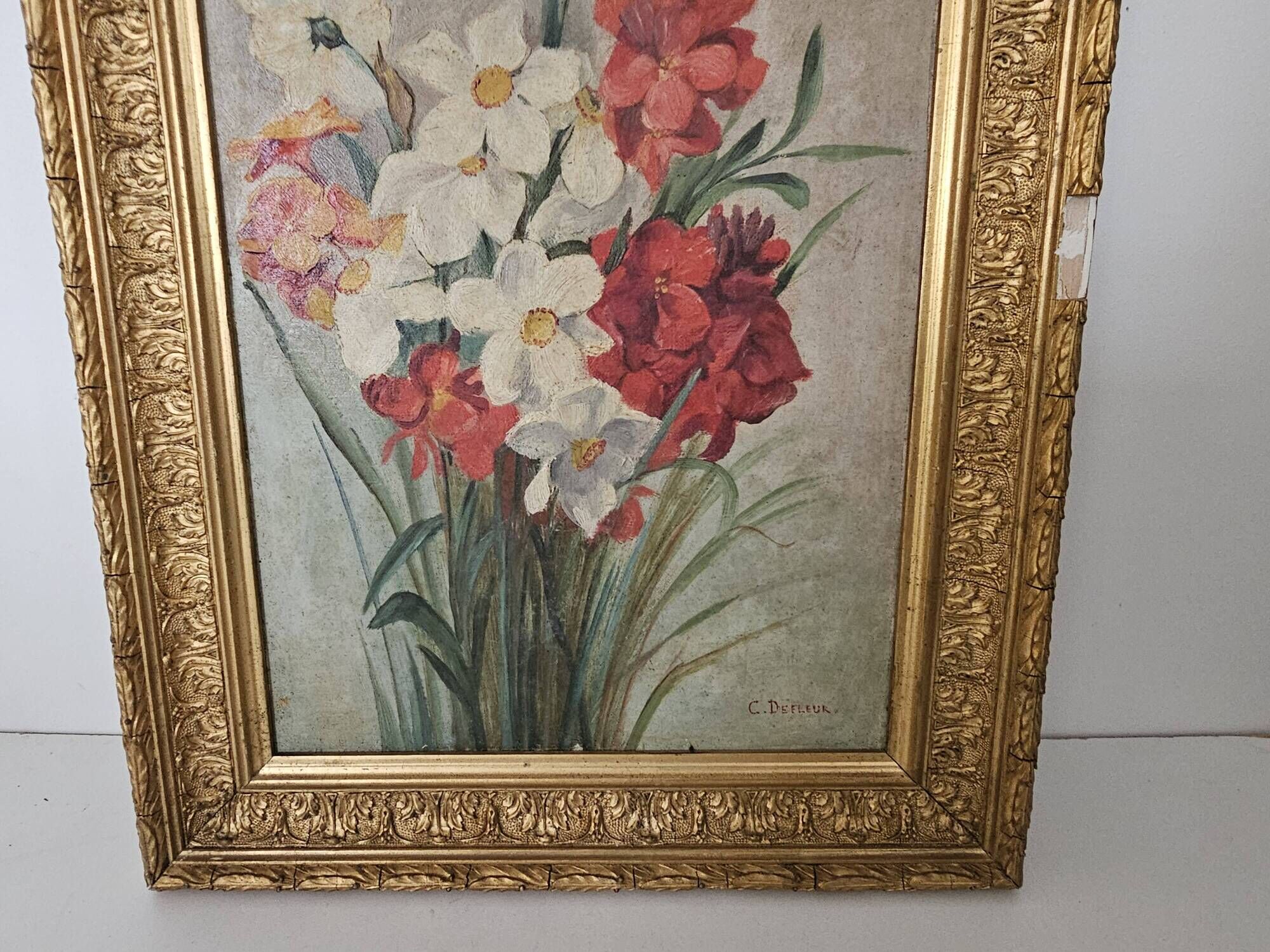 Oil on Canvas Painting - Still Life Flowers Bouquet with Dahlias Signed C D